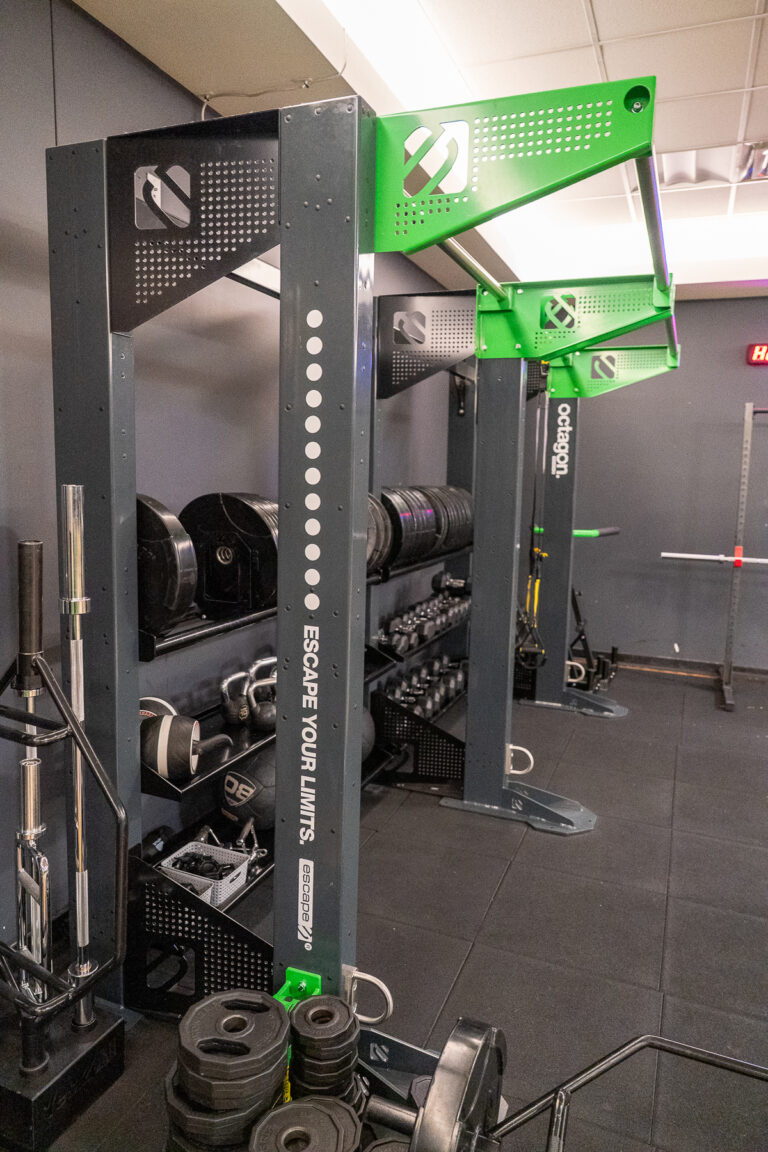 A gym area with squat racks, weight plates, barbells, and dumbbells organized on racks against a gray wall.