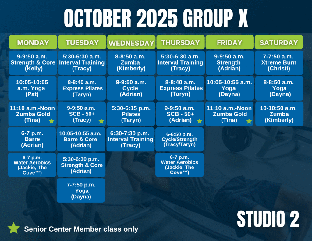 GroupX class schedule for October 2025 in Studio 2 at the rec, listing daily group exercise classes, times, and instructors, including strength, yoga, barre, Zumba, cycling, and water aerobics.