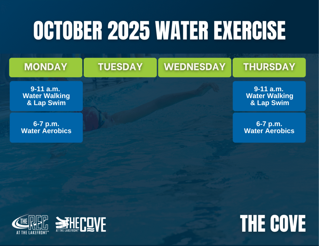 Check out the October 2025 group exercise schedule at The Cove! Join Water Walking & Lap Swim and Water Aerobics GroupX classes on Mondays and Thursdays, all part of the fun at the rec.