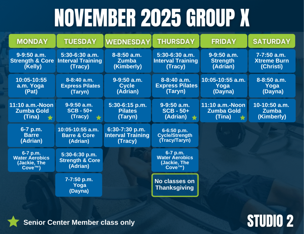 November 2025 GroupX schedule for Studio 2 at the rec, listing daily group exercise classes, times, instructors, and a note about no classes on Thanksgiving and water aerobics classes exclusively for senior center members.