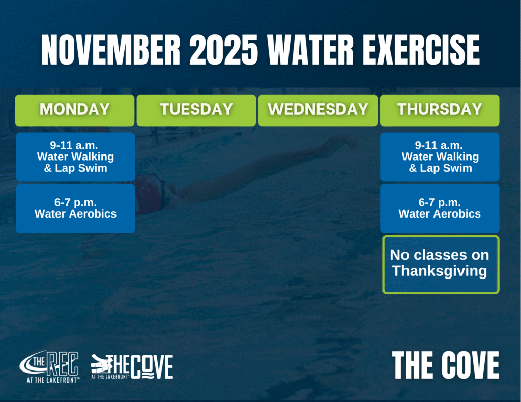 Schedule for November 2025 group exercise water classes at The Cove, with GroupX sessions on Monday and Thursday; no classes at the rec on Thanksgiving.