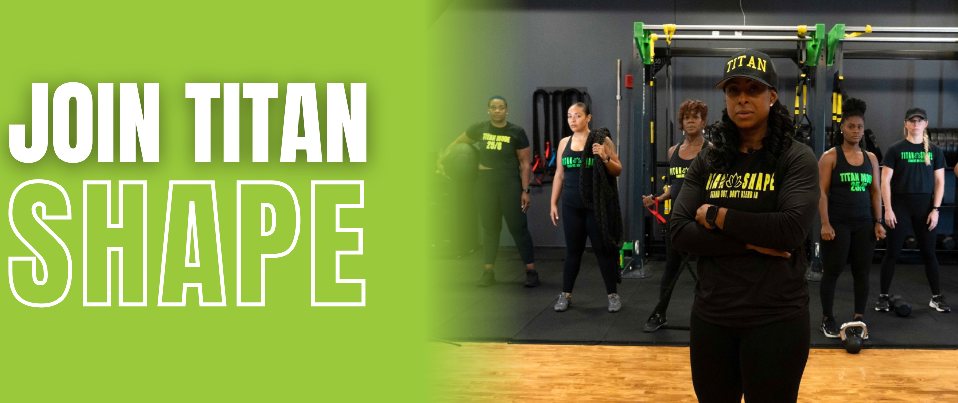 Group fitness class stands in a gym with a trainer in front, all wearing Titan-branded workout gear, highlighting family-friendly activities at your local fitness center next to text reading "Join Titan Shape" on a green background.