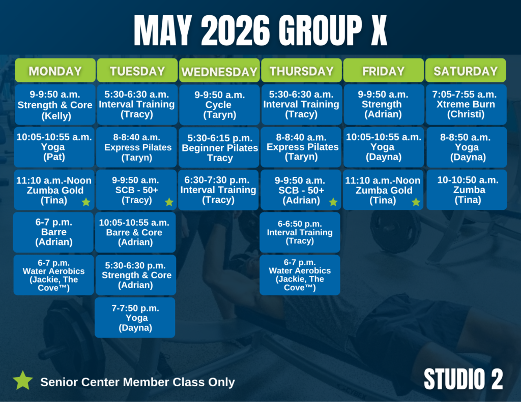 May 2026 GroupX Calendar. Group Exercises found in Studio 2.